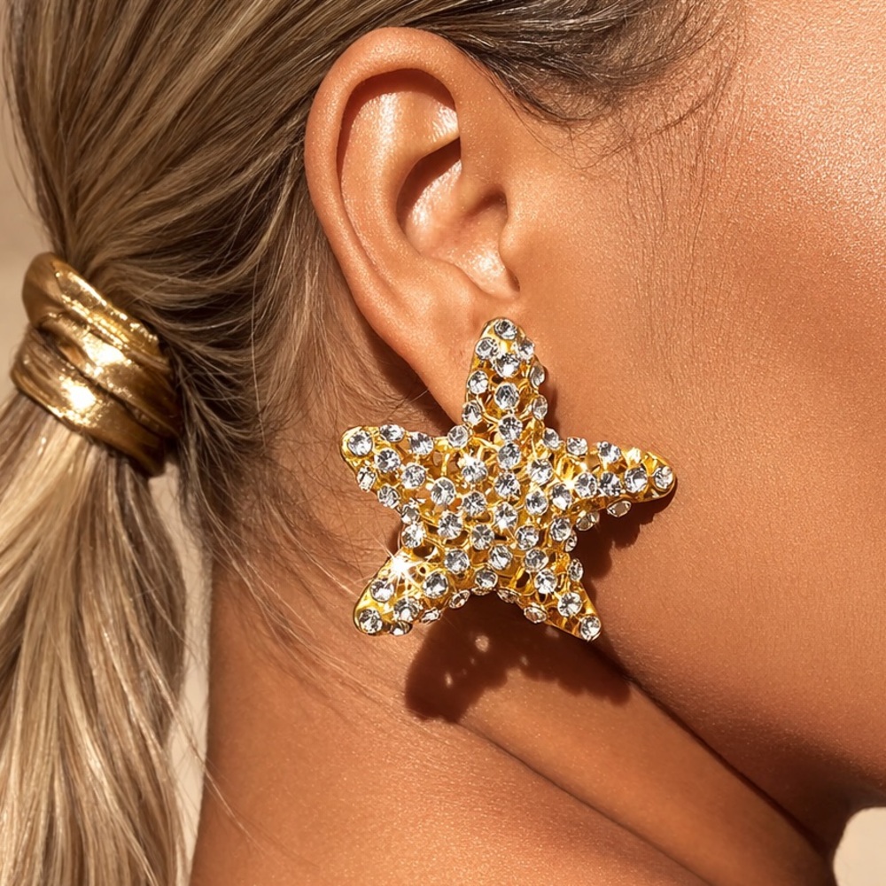 Anthropologie Gold Starfish Crystal Statement Earrings